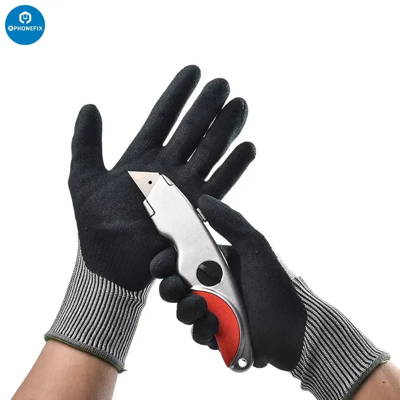 Pair of PHONEFIX non-slip cut-resistant protective gloves for safe work, designed for repair assist tasks.