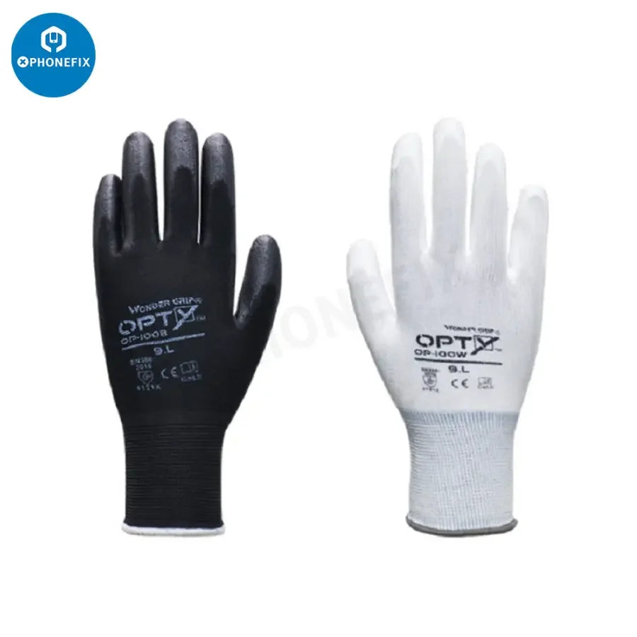 PhoneFix anti-static safety gloves with non-slip, PU-coated surface, ideal for repair assistance and handling electronic components.