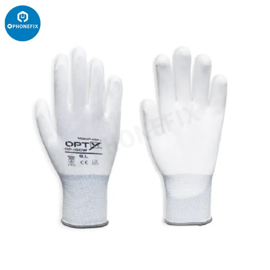 Pair of white PHONEFIX repair assist safety gloves with non-slip, anti-static, PU-coated fingertips for secure handling.