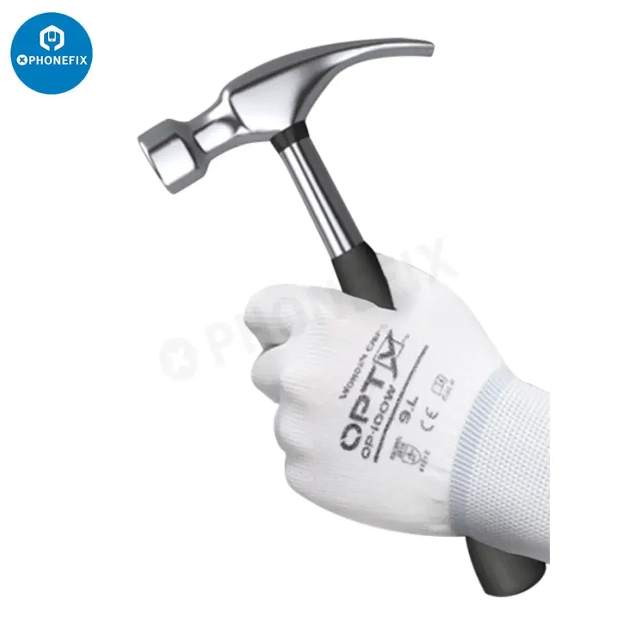 PhoneFix repair assist tools, white non-slip anti-static safety gloves with PU coating for electronics repair.