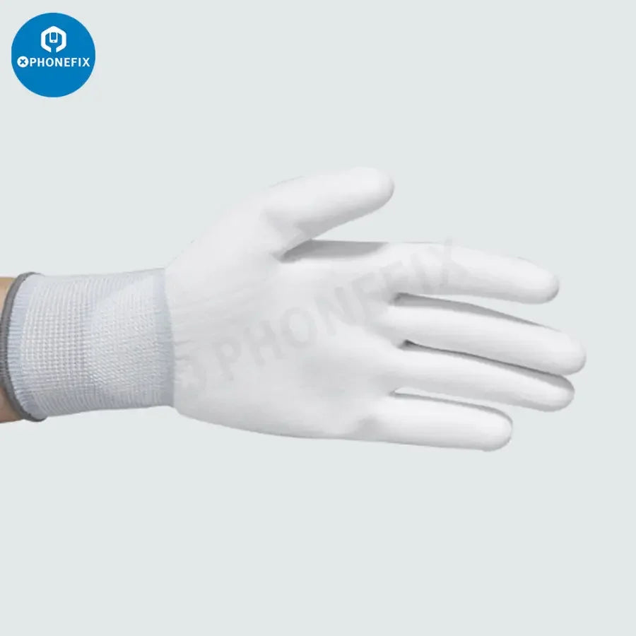 PhoneFix repair assist tools: white non-slip anti-static safety gloves with PU coating, designed for safe handling during repairs.
