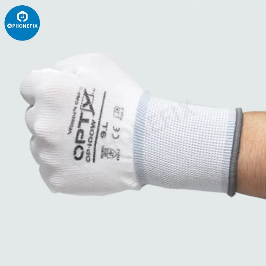 PhoneFix non-slip anti-static safety gloves with PU coating, ideal for repair assist tools, shown in white, pair of gloves.