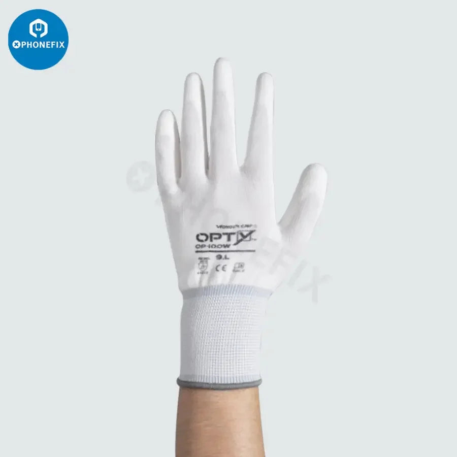 Pair of PHONEFIX non-slip anti-static safety gloves with PU coating, designed for repair assist tools and electronic work.