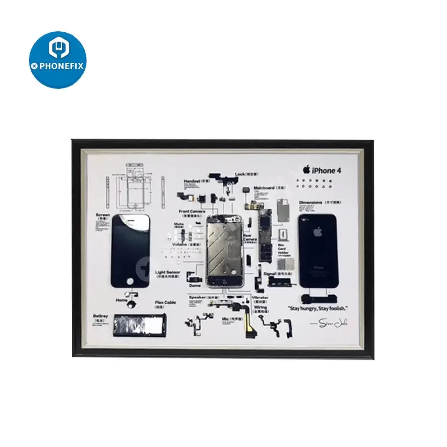 Apple 3D disassemble photo frame for old iPhone collections, framed, showcasing repair assist tools by PHONEFIX.