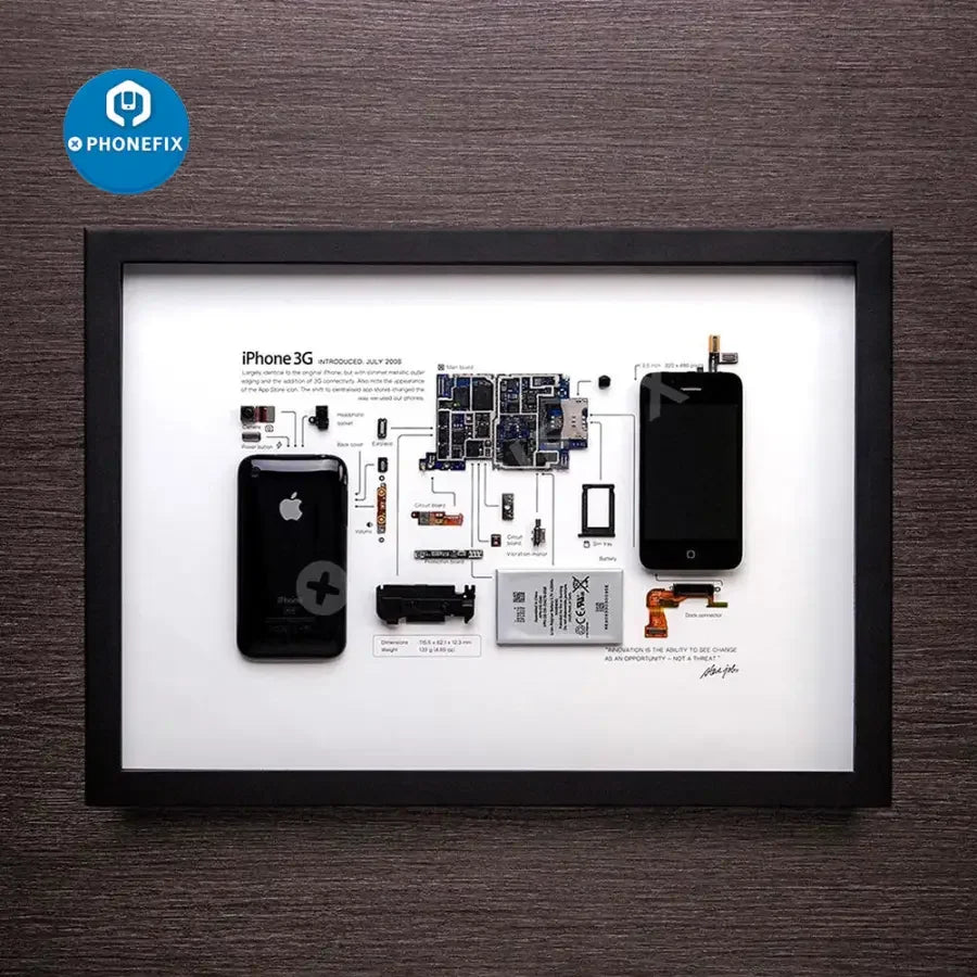 Framed Apple 3D disassemble photo of old iPhone collection, Repair Assist Tool by PHONEFIX, showcasing detailed craftsmanship.