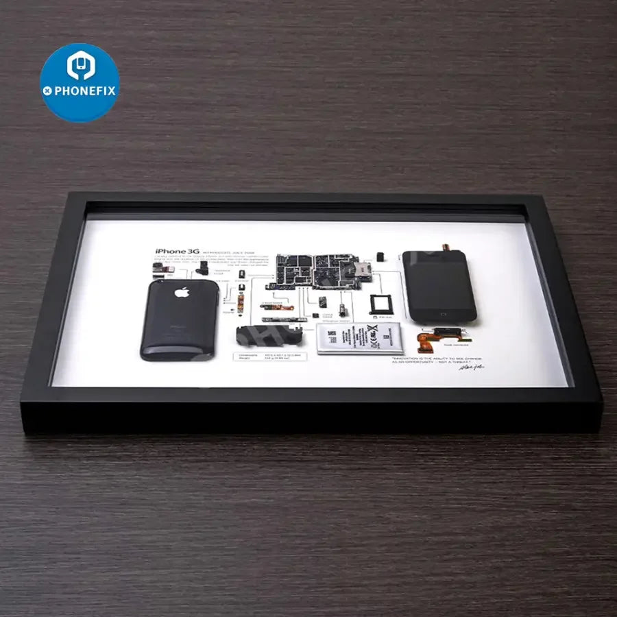 Apple 3D disassemble photo frame for old iPhone collections, framed, with repair assist tools by PHONEFIX.