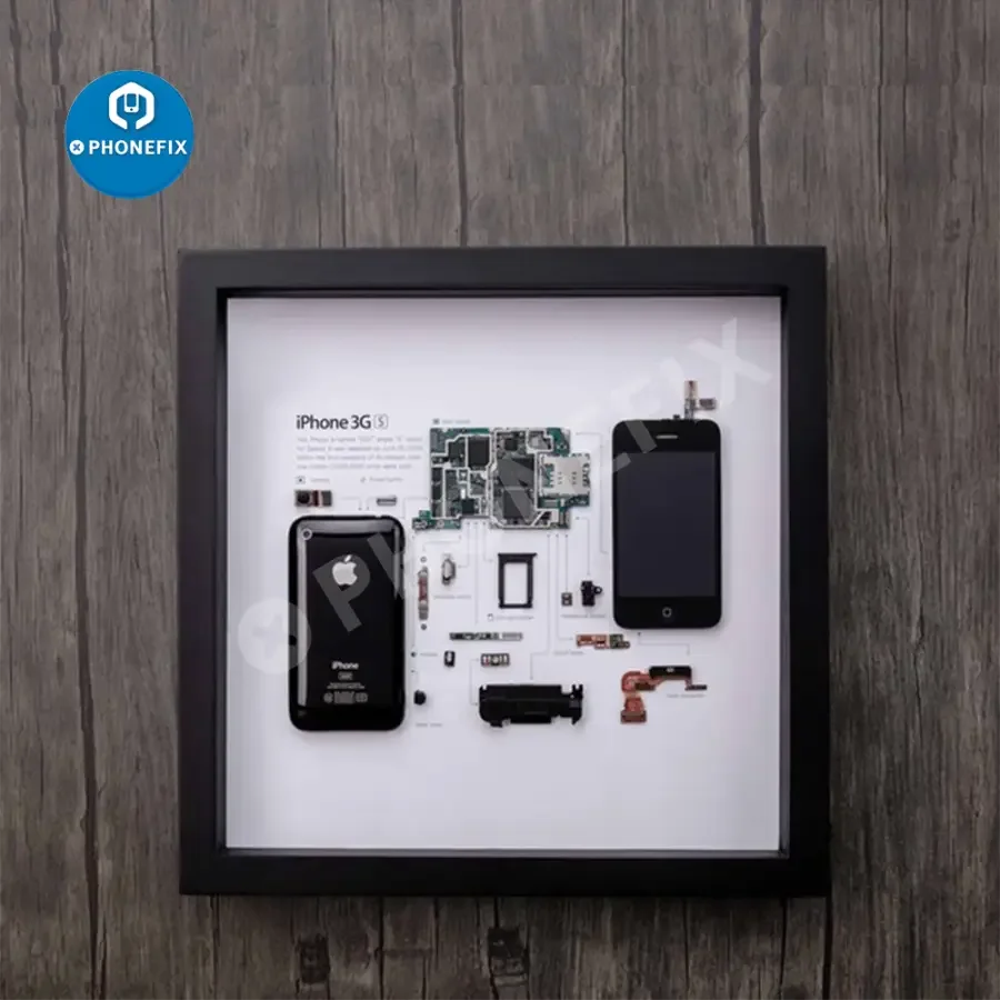 Apple 3D disassemble photo frame for old iPhone collections, framed, showing detailed repair assist tools by PHONEFIX.