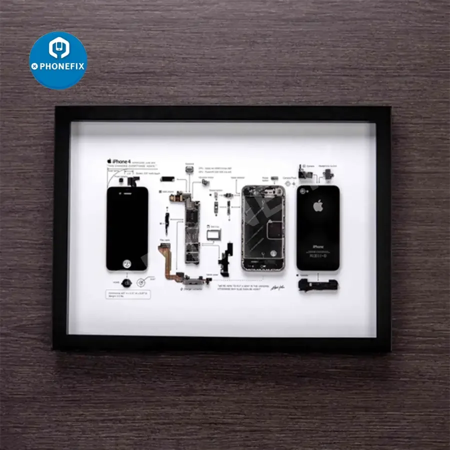 Apple 3D disassemble photo frame for old iPhone collections by PHONEFIX, displayed with repair assist tools and framed for display.