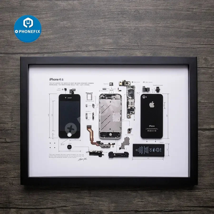Apple 3D disassemble photo frame for old iPhone collections by PHONEFIX, displayed in a framed repair assist tool image.