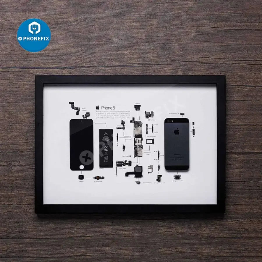 Apple 3D disassemble photo frame for old iPhone collections, framed, repair assist tools by PHONEFIX, displayed on a white background.