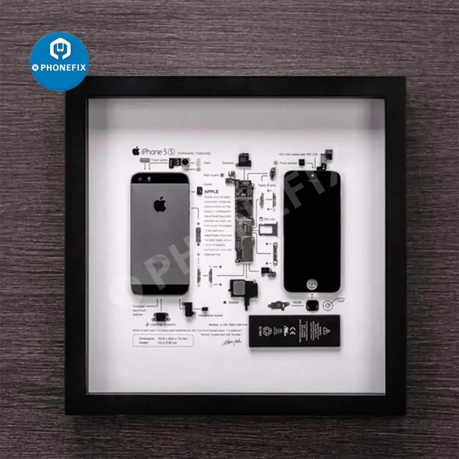 Apple 3D disassemble photo frame for old iPhone collections, framed, Repair Assist Tools by PHONEFIX, displayed on a white background.