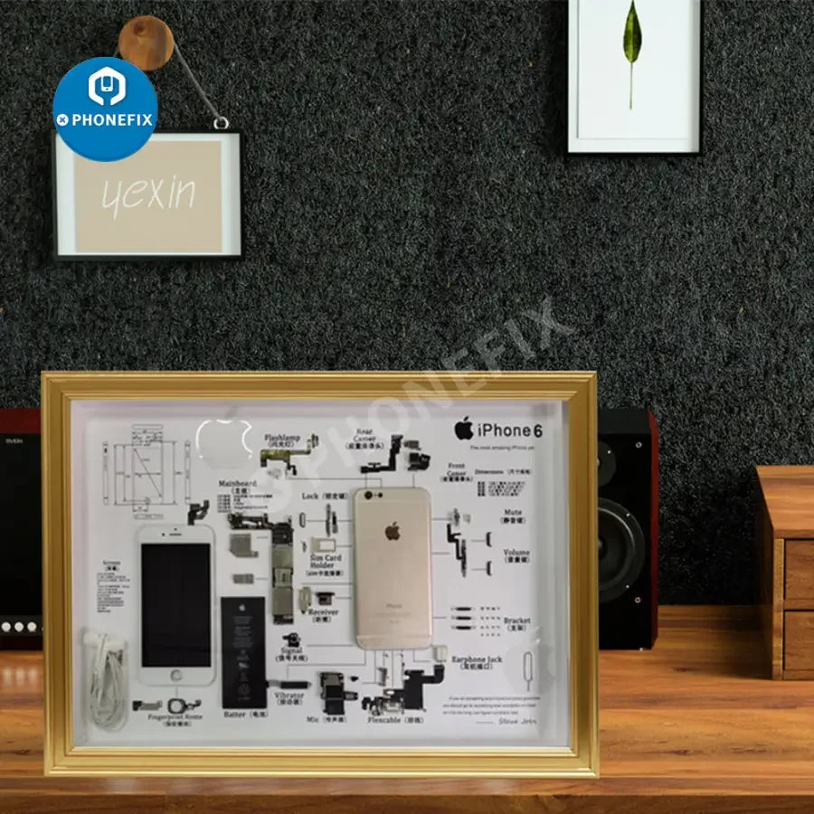 Apple 3D disassemble photo frame for old iPhone collections, framed repair assist tool by PHONEFIX, display of disassembled iPhone parts.