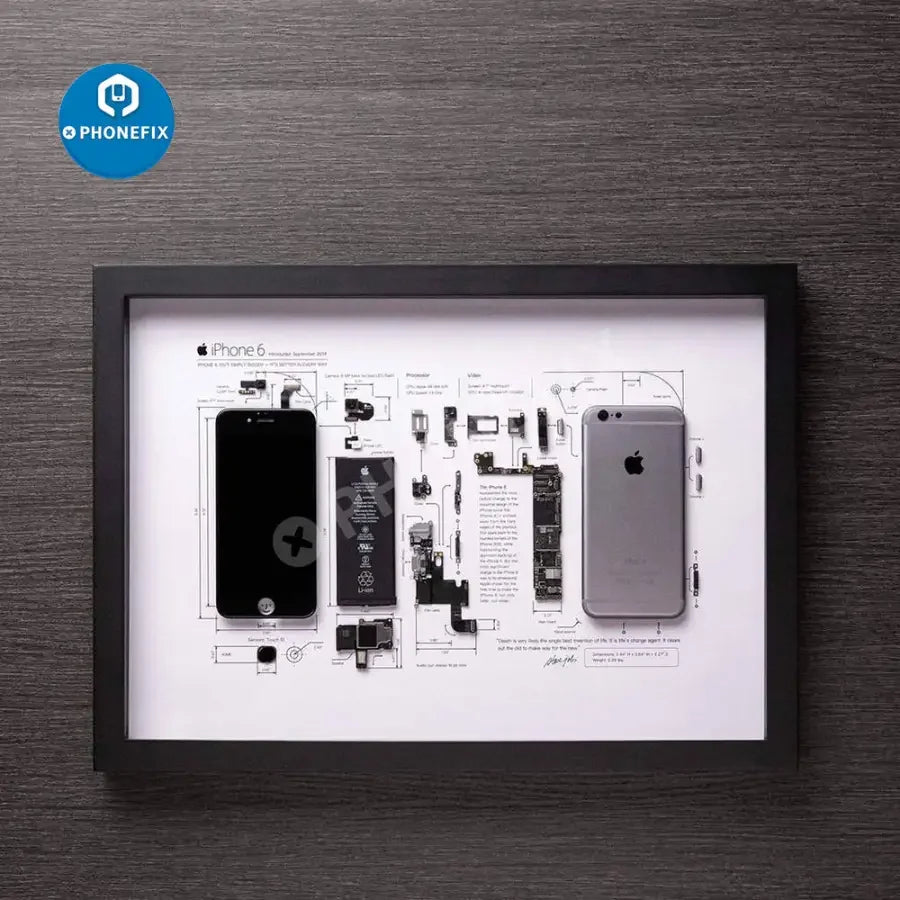 Apple 3D disassemble photo frame for old iPhone collections, framed, with repair assist tools, by PHONEFIX.
