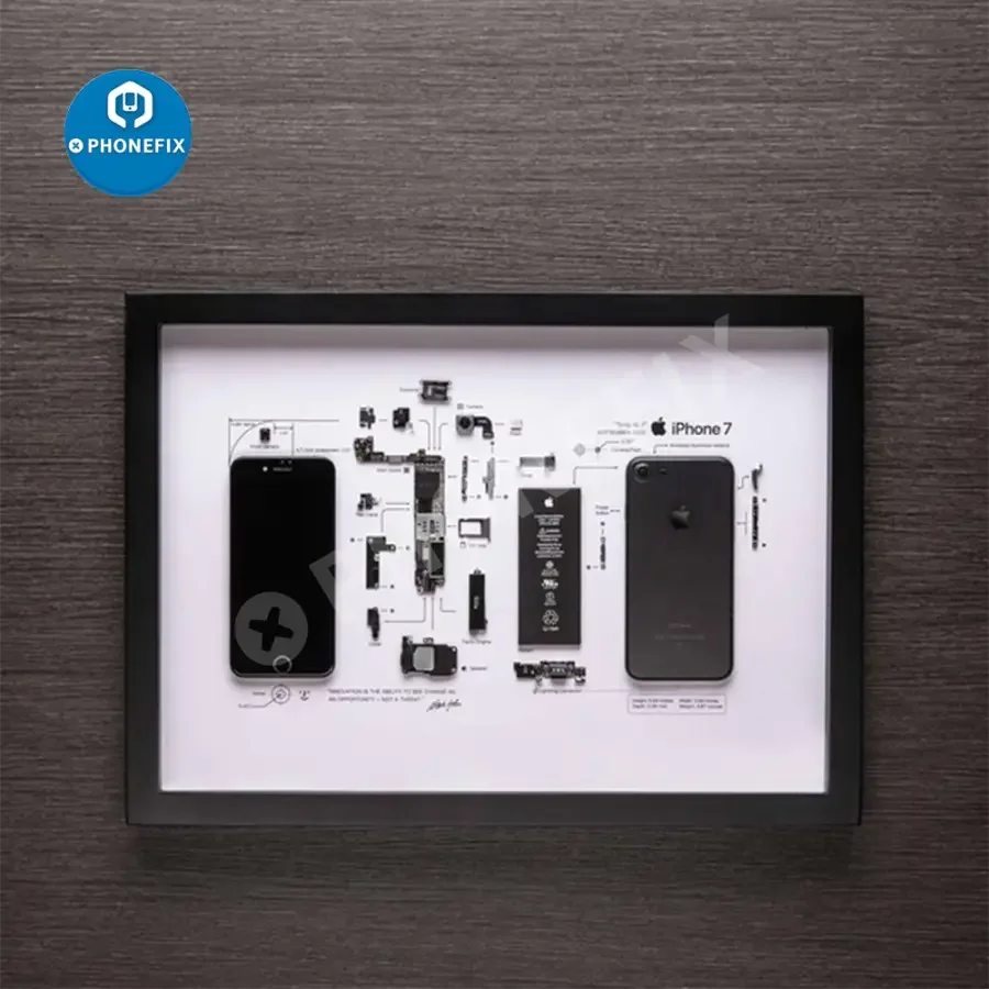 Apple 3D disassemble photo frame for old iPhone collections, framed repair assist tools from PHONEFIX, displayed in the image.