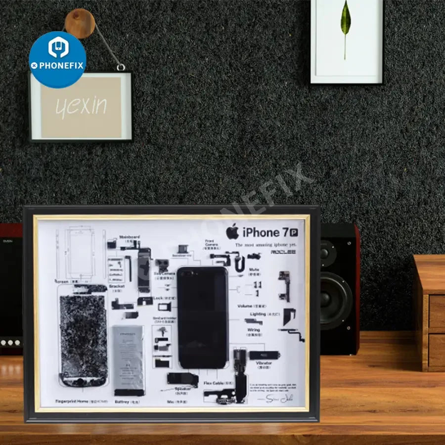 Apple 3D disassemble photo frame for old iPhone collections, framed, with PhoneFix repair assist tools, displayed on a white background.
