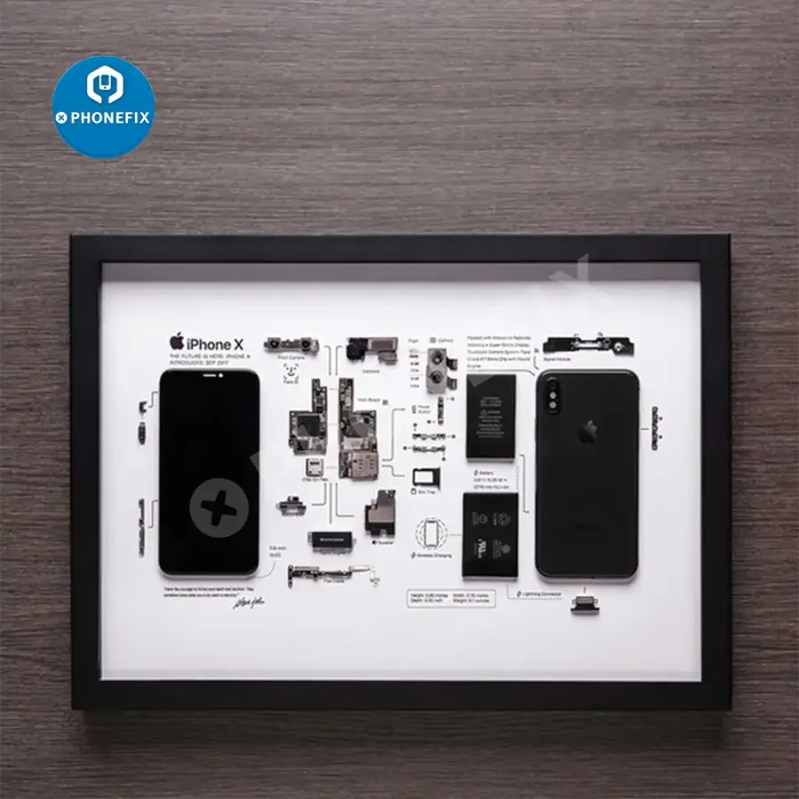 Apple 3D disassemble photo frame for old iPhone collections, framed with repair assist tools by PHONEFIX.