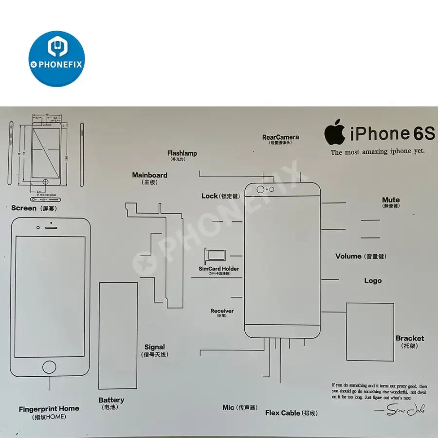 Apple 3D disassemble photo frame for old iPhone collections, framed with repair assist tools by PHONEFIX, displayed on a surface.