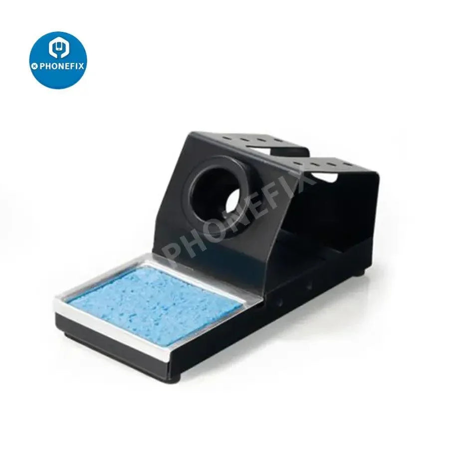 YIHUA soldering iron stand holder with tin cleaner sponge, repair assist tool for electronics work, in black and silver.
