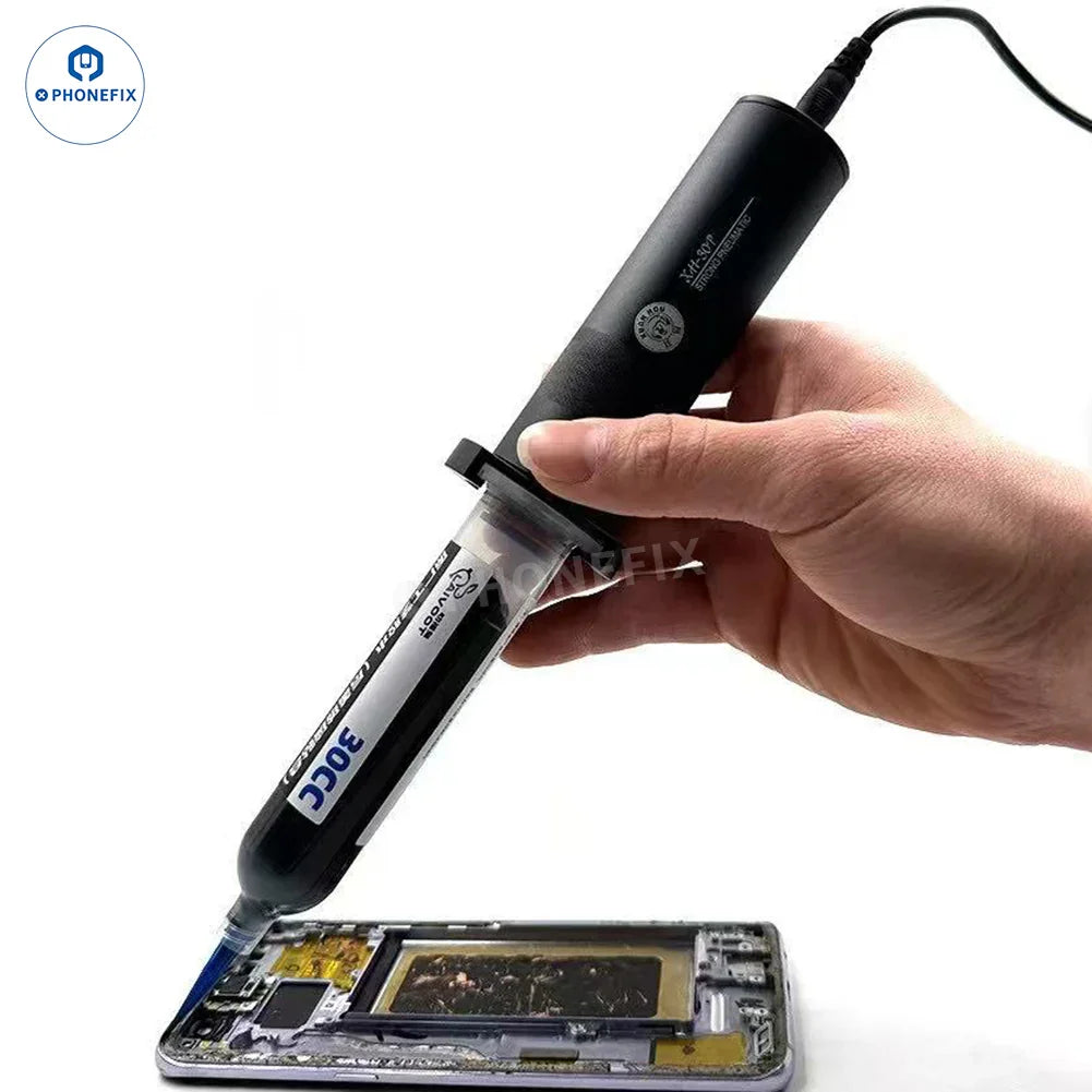 PHONEFIX glue dispenser tool for PCB and LCD repair, featuring one-click adhesive dispensing for precise repairs.