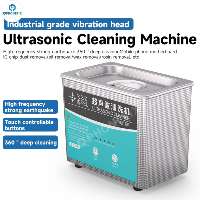PHONEFIX XZZ-08L ultrasonic cleaner for deep cleaning phone cameras, PCBs, CPU, glasses, and repair assist tools.