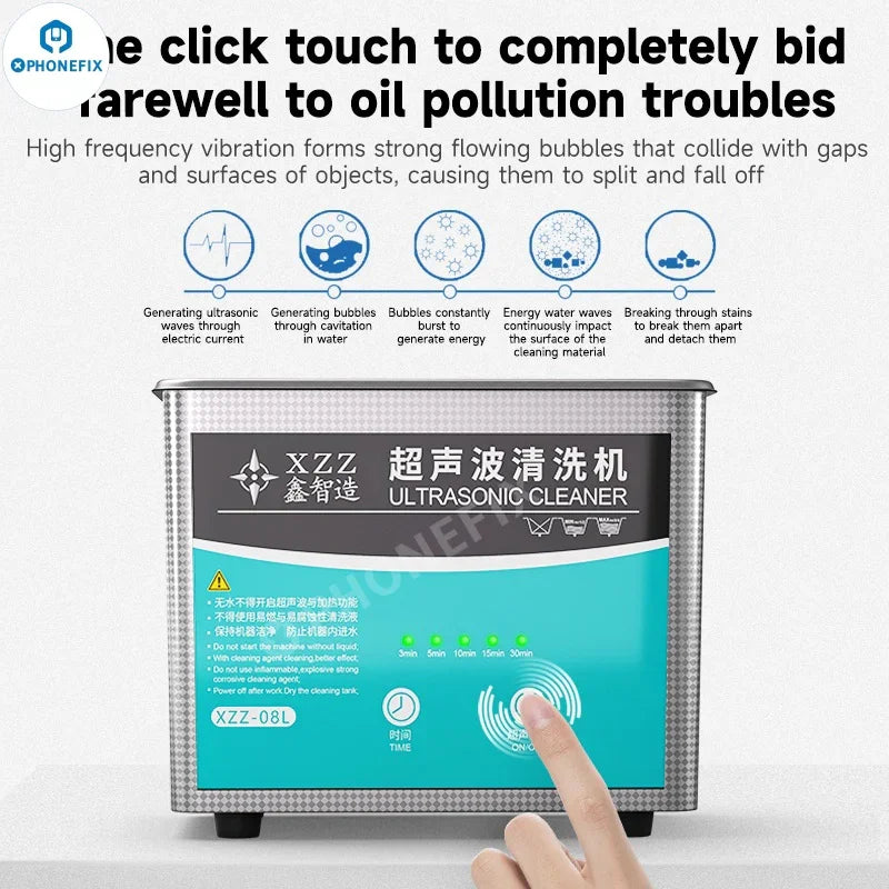 PHONEFIX XZZ-08L Ultrasonic Cleaner for deep cleaning phone, camera, PCB, CPU, glasses, repair assist tools, 110V US model