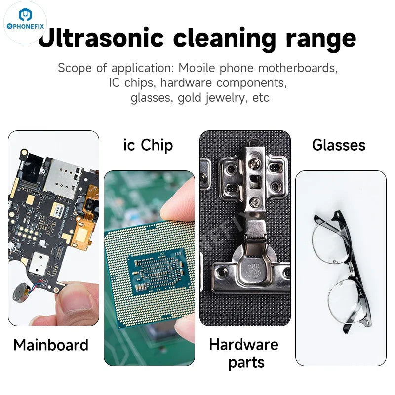 PHONEFIX XZZ-08L ultrasonic cleaner for deep cleaning phone, camera, PCB, CPU, and glasses with repair assist tools.