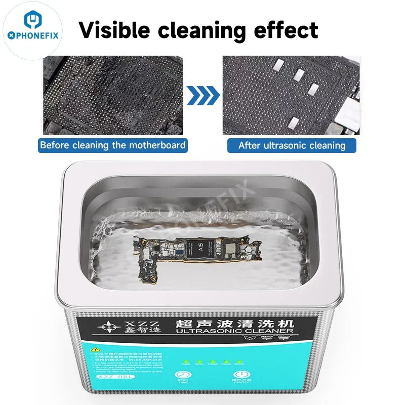 PHONEFIX XZZ-08L ultrasonic cleaner for deep cleaning phone, camera, PCB, CPU, and glasses repair assist tools in use.