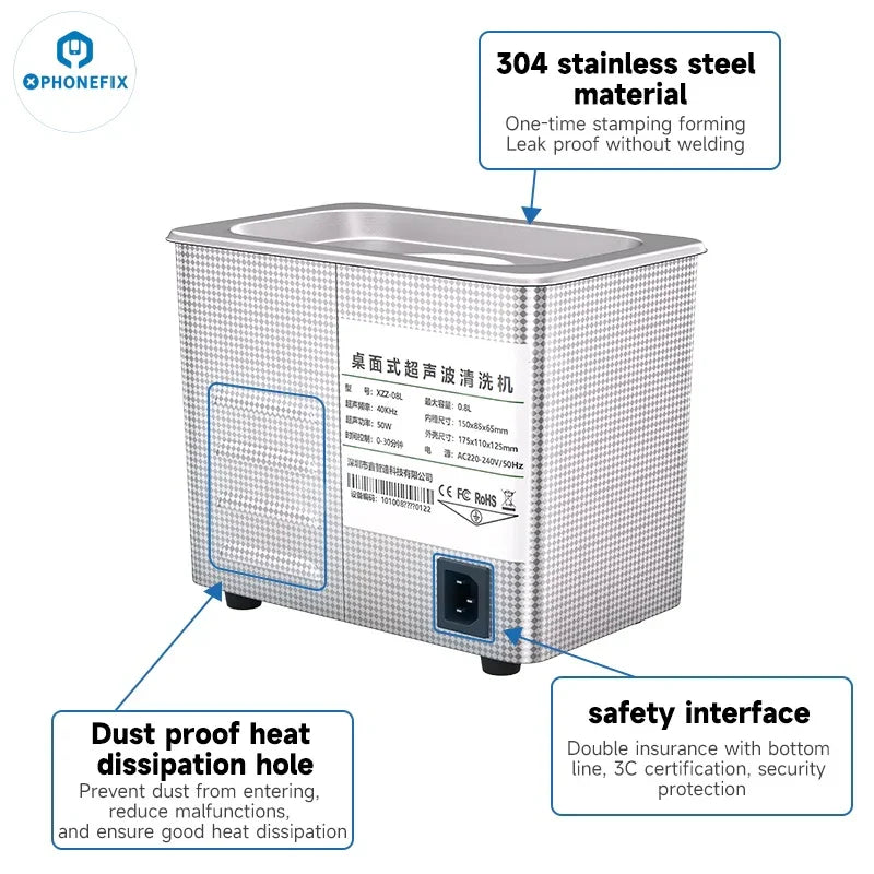 PHONEFIX XZZ-08L ultrasonic cleaner for deep cleaning phones, cameras, PCBs, CPUs, glasses, and repair assist tools.