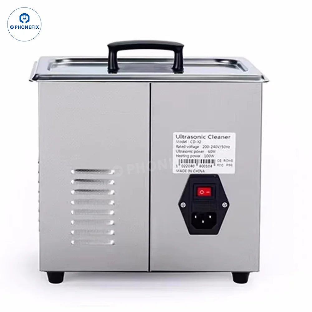 YCS ultrasonic cleaner for phone PCB and camera repair, with cleaning water and repair assist tools, branded PHONEFIX.