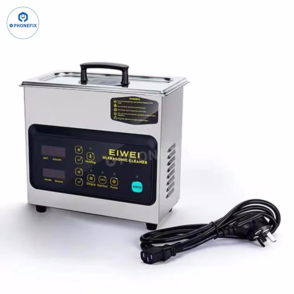 PHONEFIX YCS Ultrasonic Cleaner for phone, PCB, IC, and camera cleaning, showing the compact ultrasonic device and cleaning basket.