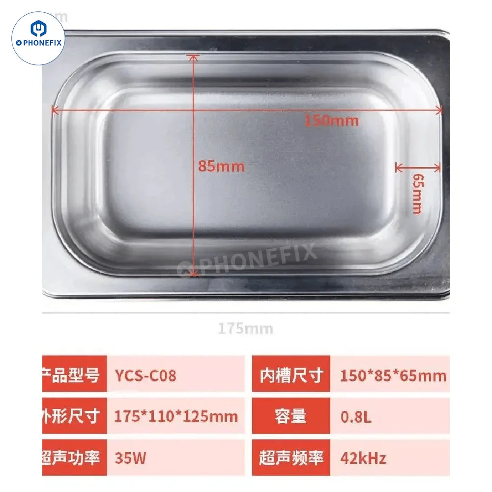 YCS ultrasonic cleaner from PHONEFIX for phone, PCB, IC, and camera cleaning, featuring compact repair assist tool design.