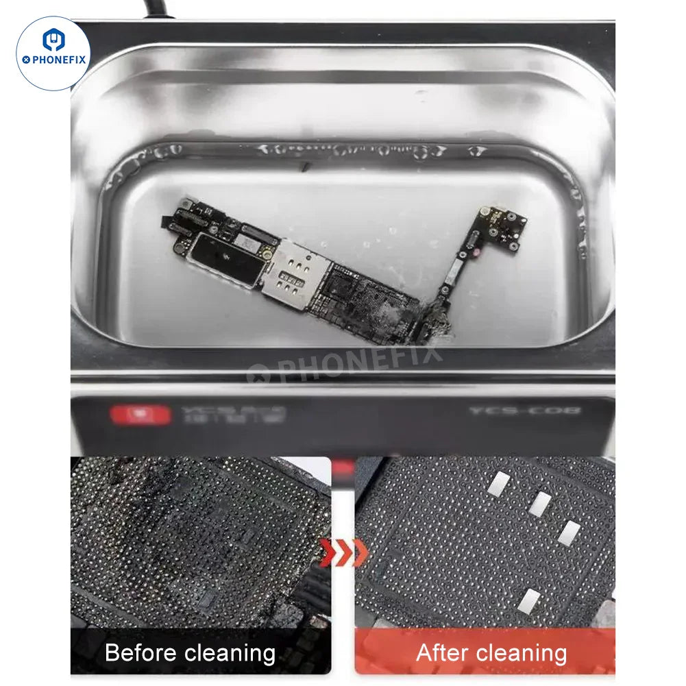 PHONEFIX YCS ultrasonic cleaner for phone PCB, IC, camera, and electronics cleaning with repair assist tools.