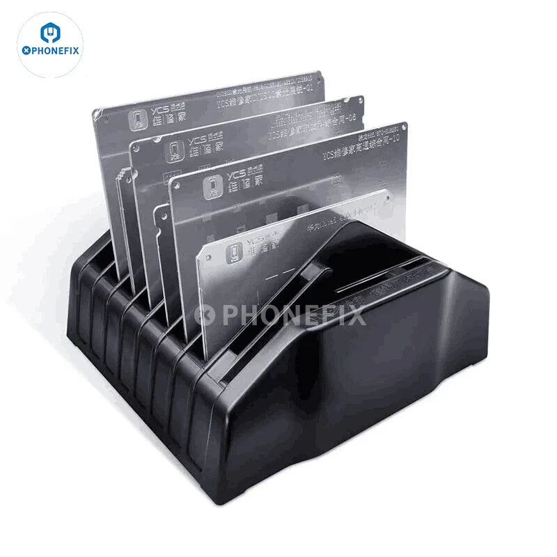 Steel mesh storage box for BGA reballing stencil and repair assist tools by PHONEFIX, featuring organized compartments for electronic repair.