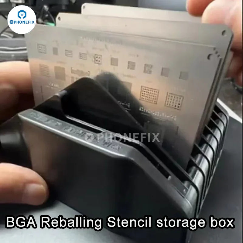 PhoneFix BGA reballing stencil storage box with steel mesh for placement and organization of repair assist tools.