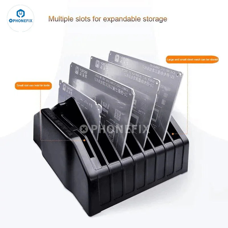 PhoneFix BGA reballing stencil storage box with steel mesh for precise placement, part of repair assist tools for electronics repair.