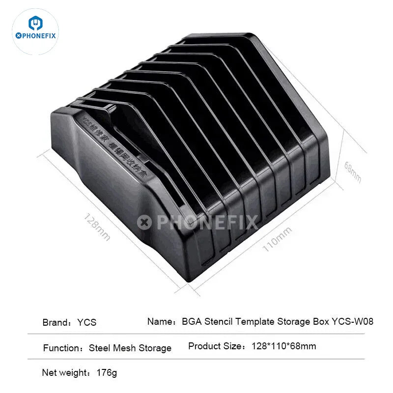 PhoneFix BGA Reballing Stencil Storage Box with steel mesh placement tool for repair assist tools, organized in a compact box.