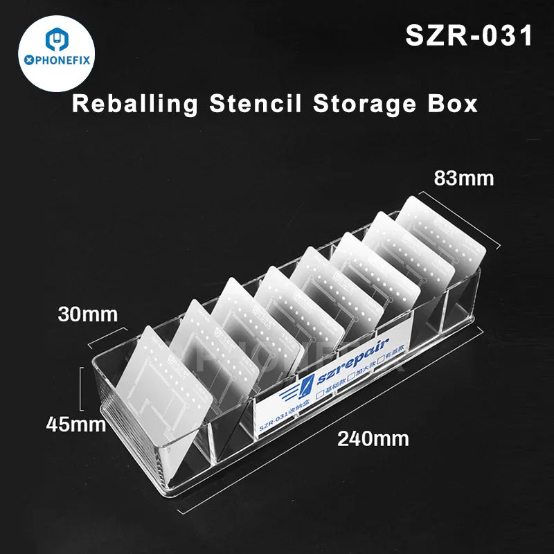 PHONEFIX BGA Reballing Stencil Storage Box with steel mesh for repair assist tools, ideal for precise stencil placement.