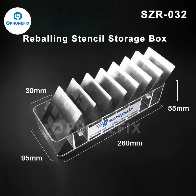 PHONEFIX BGA Reballing Stencil Storage Box with steel mesh for placement and organization of repair assist tools.