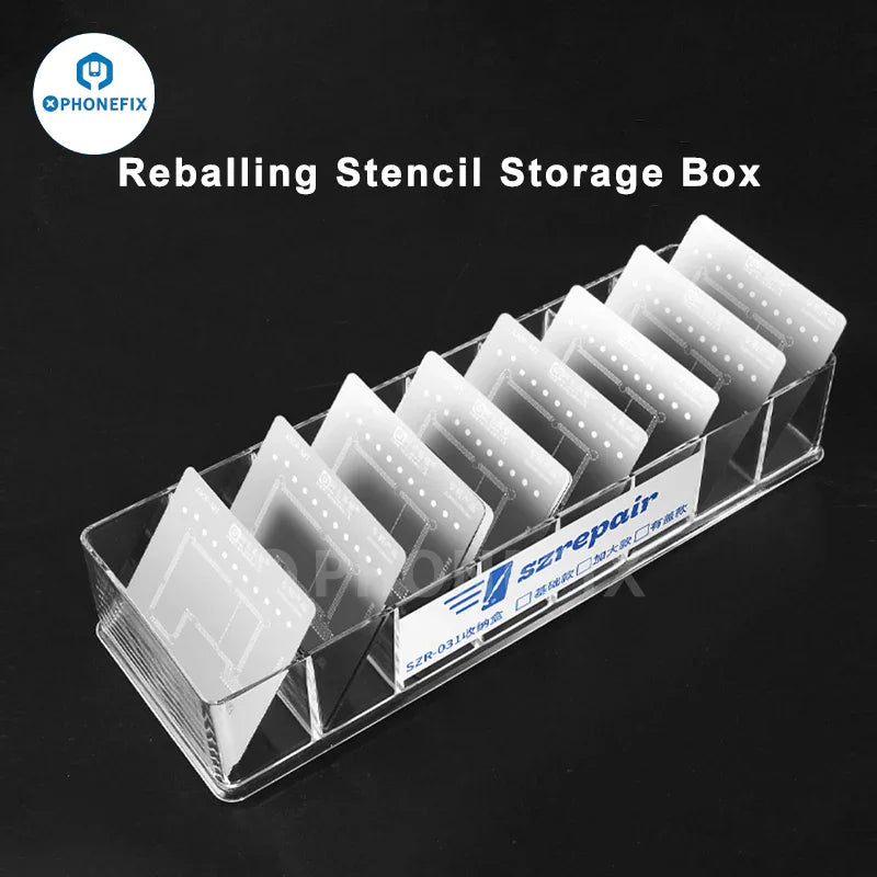Phonefix BGA Reballing Stencil Storage Box with steel mesh for repair assist tools, ideal for organizing reballing stencils.
