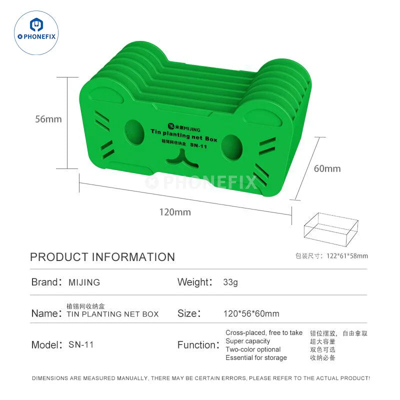 PhoneFix BGA Reballing Stencil Storage Box with steel mesh for precise placement of repair assist tools.