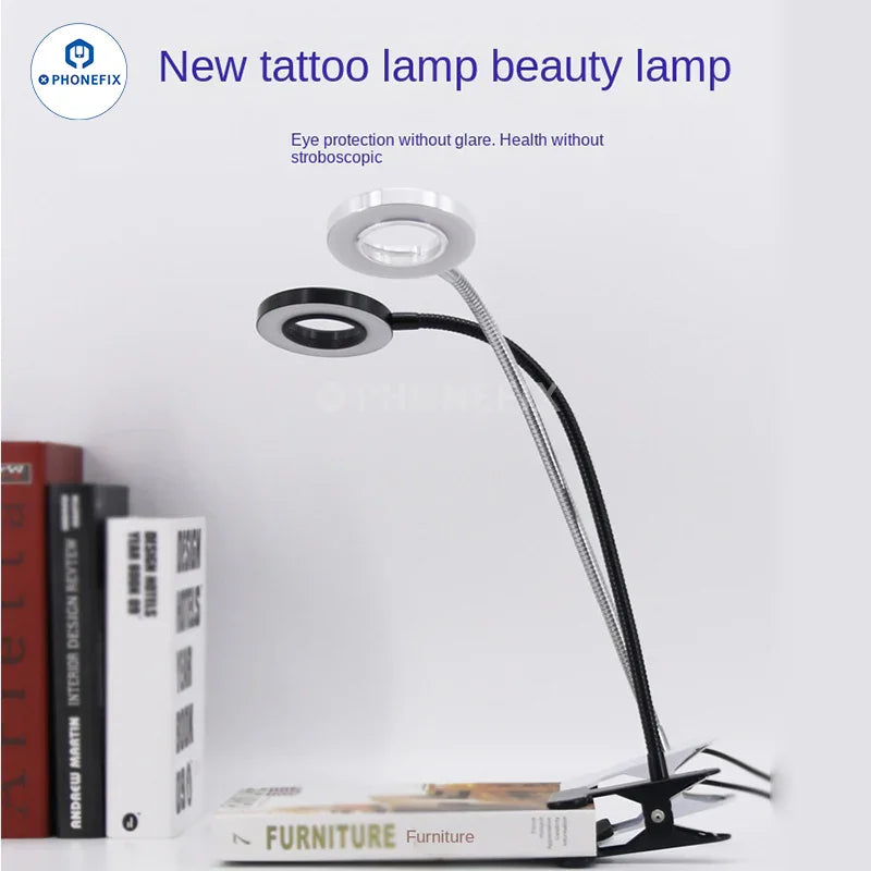 Flexible LED ring light from PHONEFIX, USB adjustable tattoo clip lamp with bright illumination for detailed work.