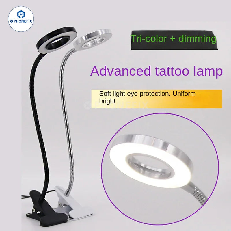 PHONEFIX USB adjustable tattoo clip light ring LED lamp with flexible arm for precise tattooing and detailed work.