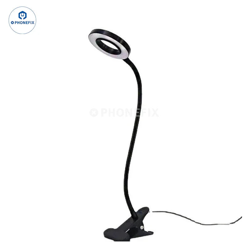 Black PHONEFIX adjustable 48 LED eye protection desk ring light clipped on a surface for professional lighting.