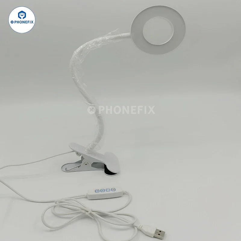 Black adjustable 48 LED eye protection desk lamp with clip, portable ring light by PHONEFIX for optimal lighting.