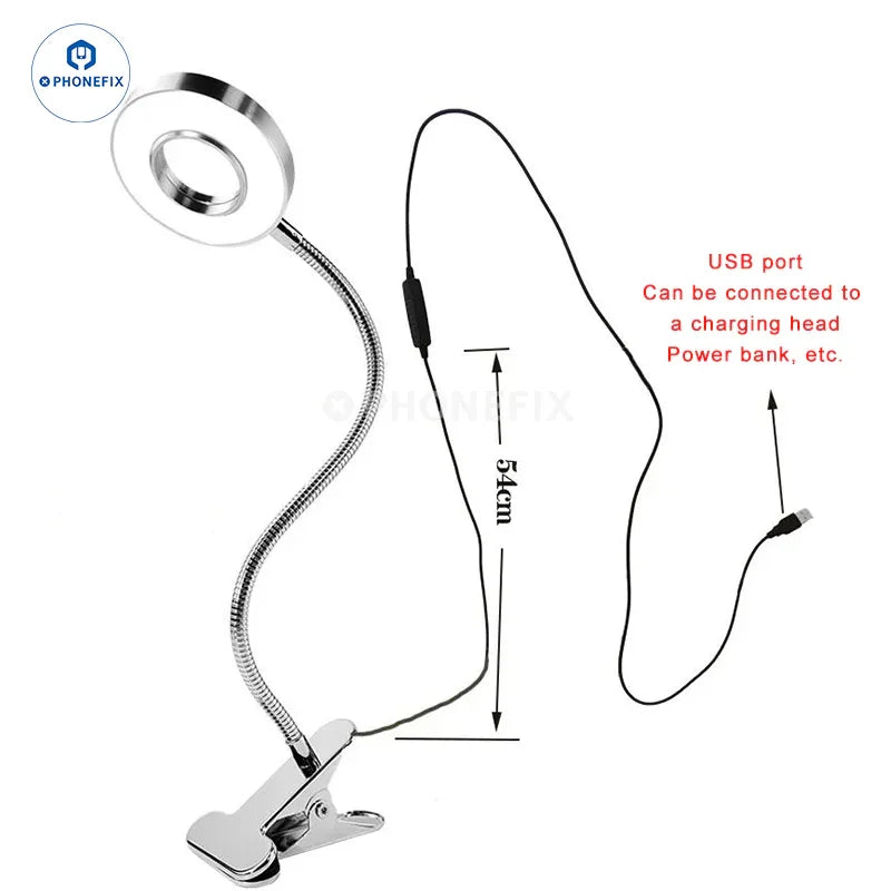 Black adjustable LED ring light from PHONEFIX with 48 eye-protection LEDs, portable desk clip-on lamp for photography and makeup.