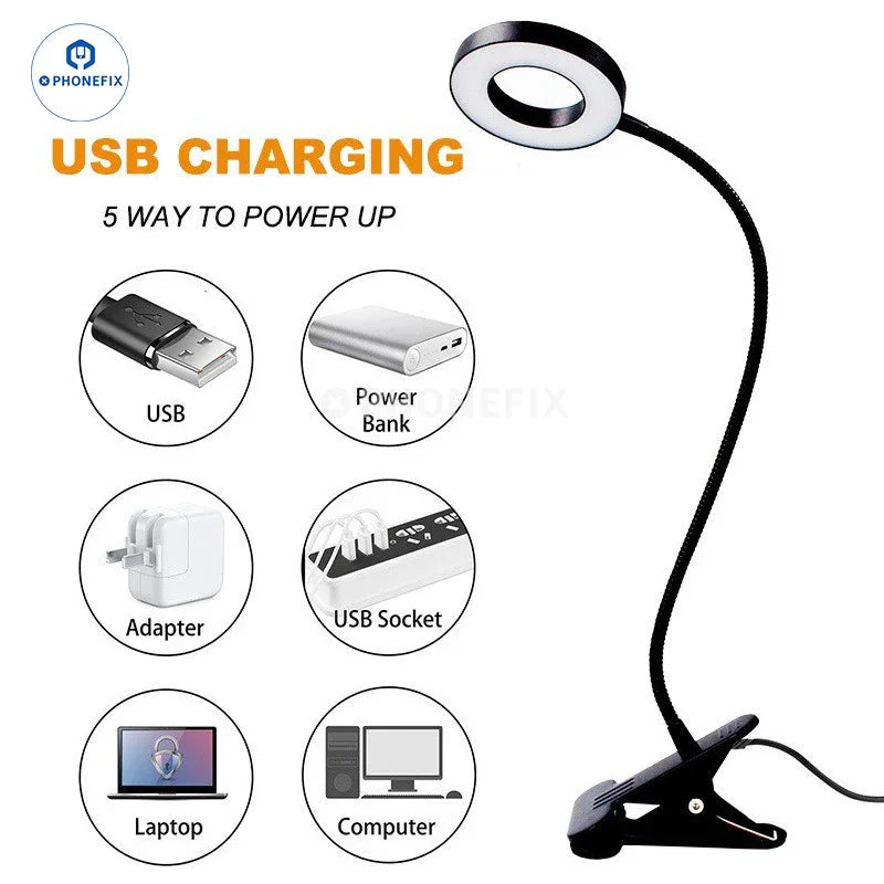 PHONEFIX adjustable 48 LED eye protection desk lamp with clip-on ring light, ideal for makeup, streaming, or photography.