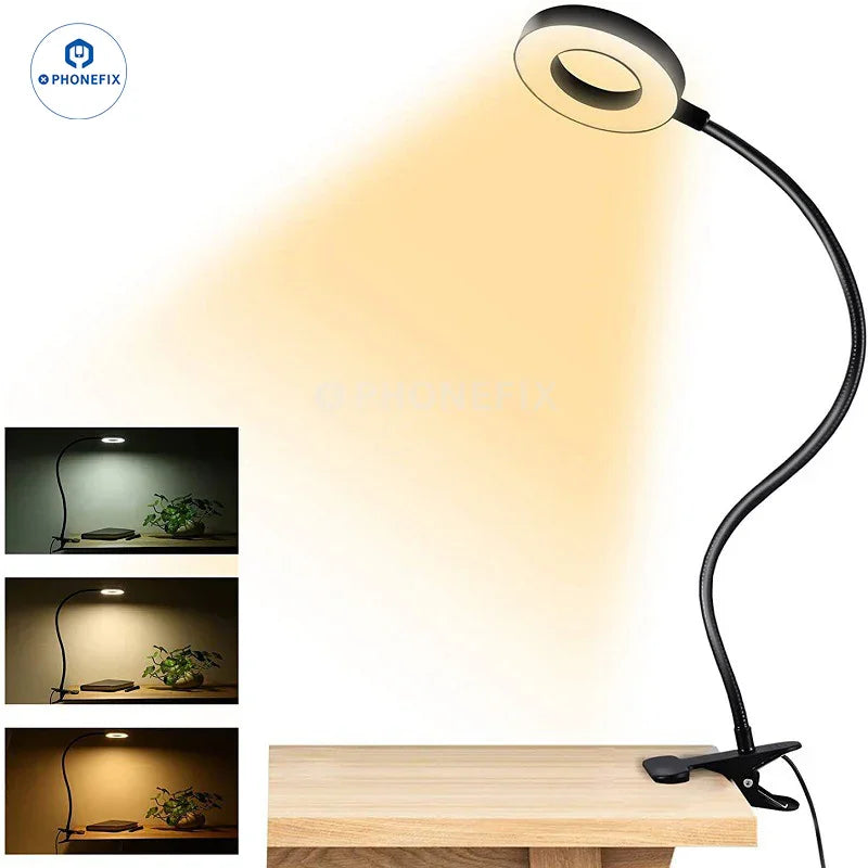 Black adjustable 48 LED eye protection desk lamp with clip-on ring light by PHONEFIX, portable for photography and makeup use.