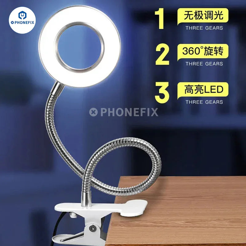 PHONEFIX adjustable 48 LED eye protection desk lamp with clip, ring light for photography, video, and makeup application.