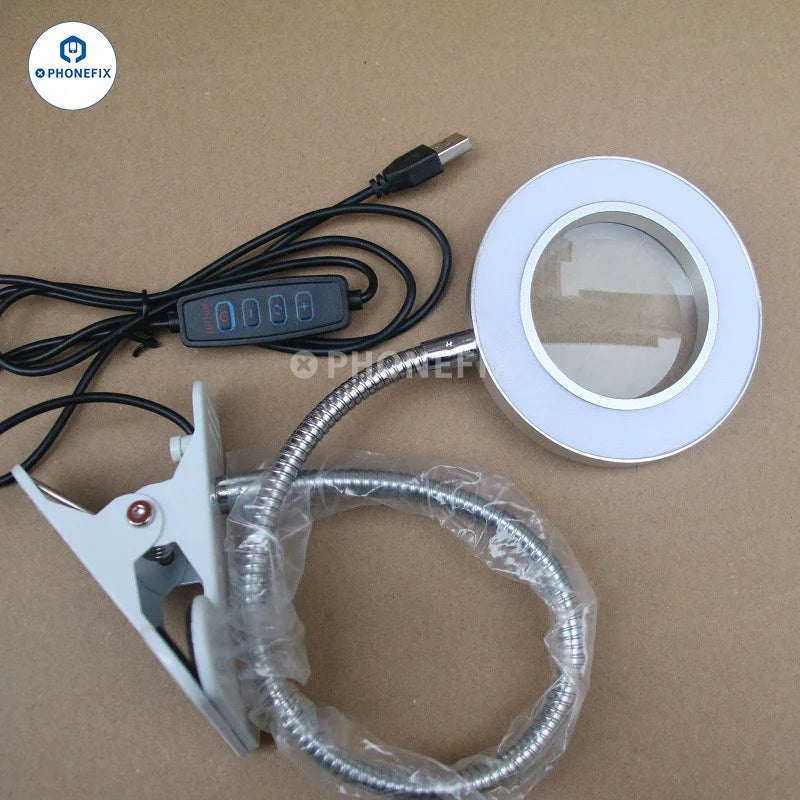 Black PHONEFIX adjustable 48 LED eye protection desk ring light with clip for portable, even illumination.