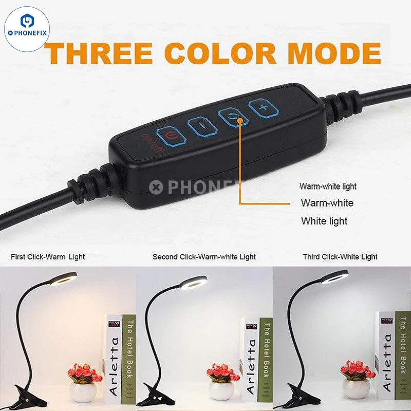 Black adjustable 48 LED eye protection desk lamp with clip, portable ring light by PHONEFIX for enhanced lighting.